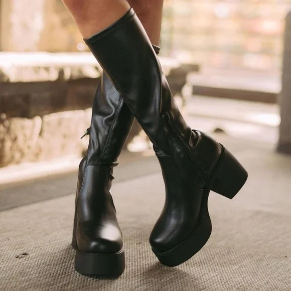 Knee high black platform boots