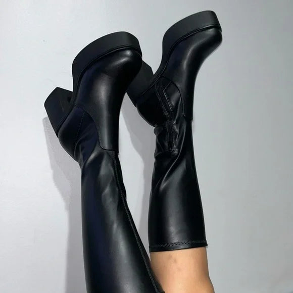 Knee high black platform boots