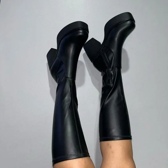 Knee high black platform boots