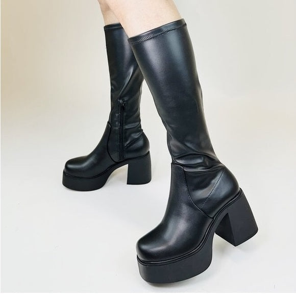 Knee high black platform boots