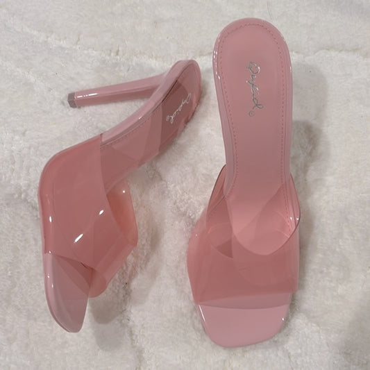 Pink square peep toe mule