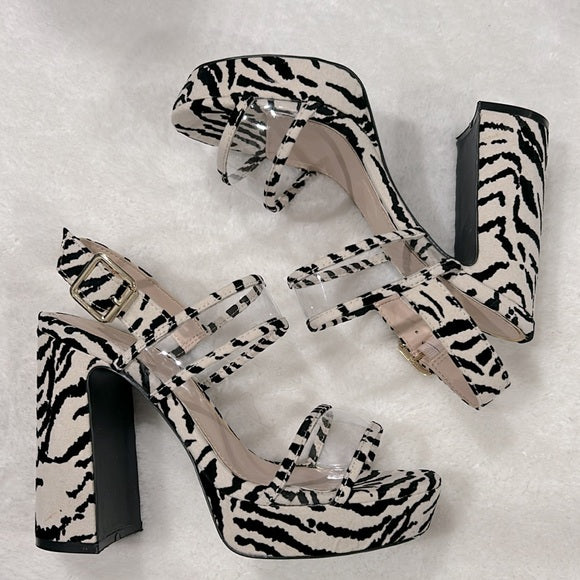 Zebra print suede heels