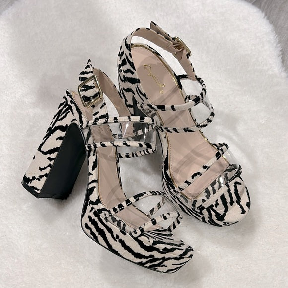 Zebra print suede heels