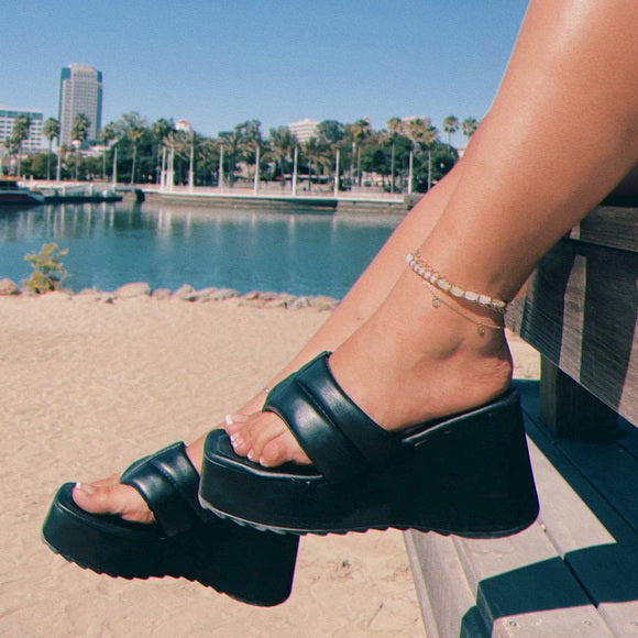 Black thong wedge sandals