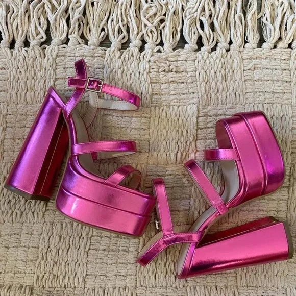 Pink Metallic block heels