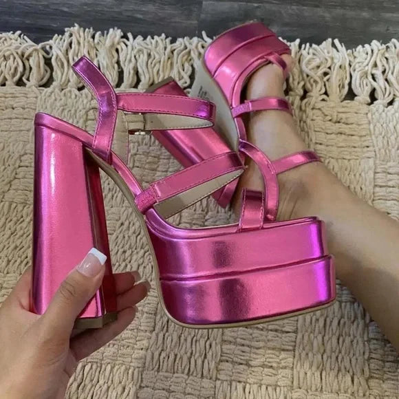 Pink Metallic block heels