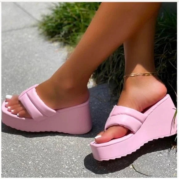 Pink thong wedge sandals