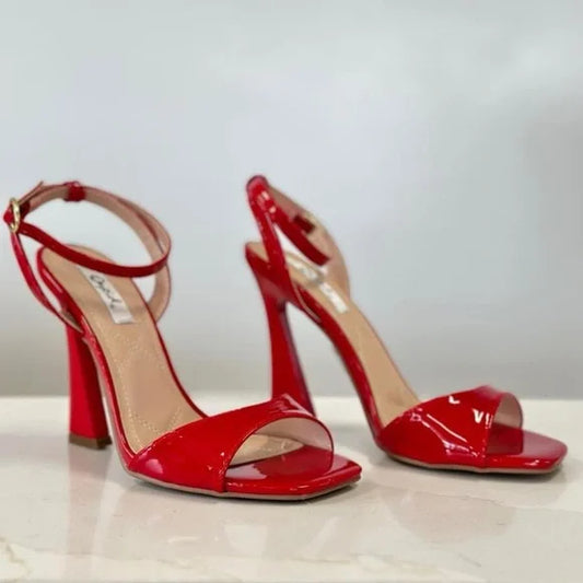 Red Patent Leather Ankle Strap Cube Heel Dress Sandals